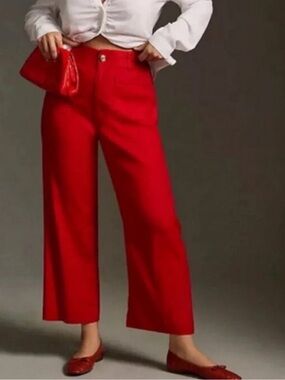 Anthropologie The Colette Linen Crop Wide Leg Pants Maeve Magic Red 26